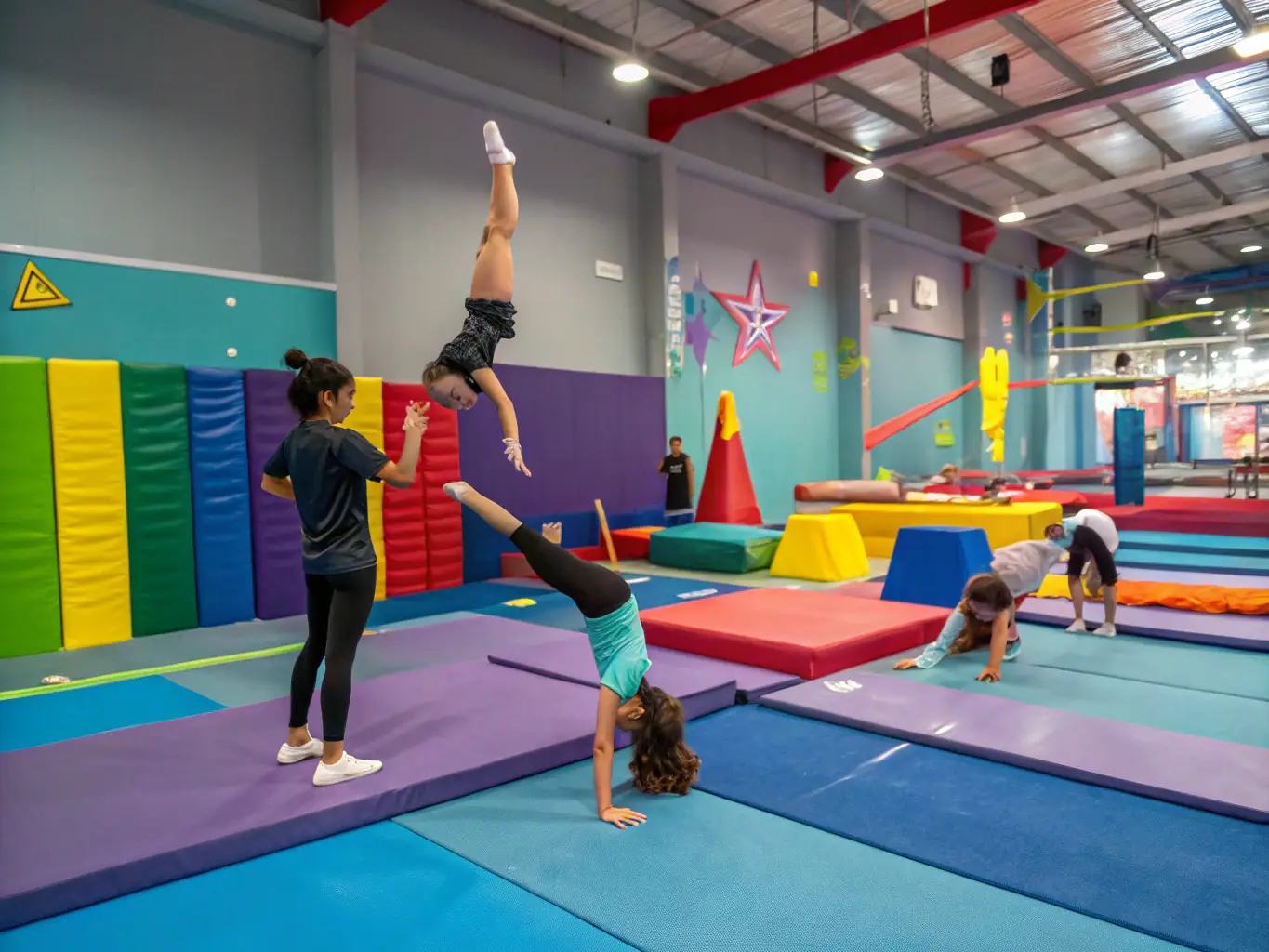 A photo of students engaged in a gymnastics class, showcasing flexibility, balance, and coordination.