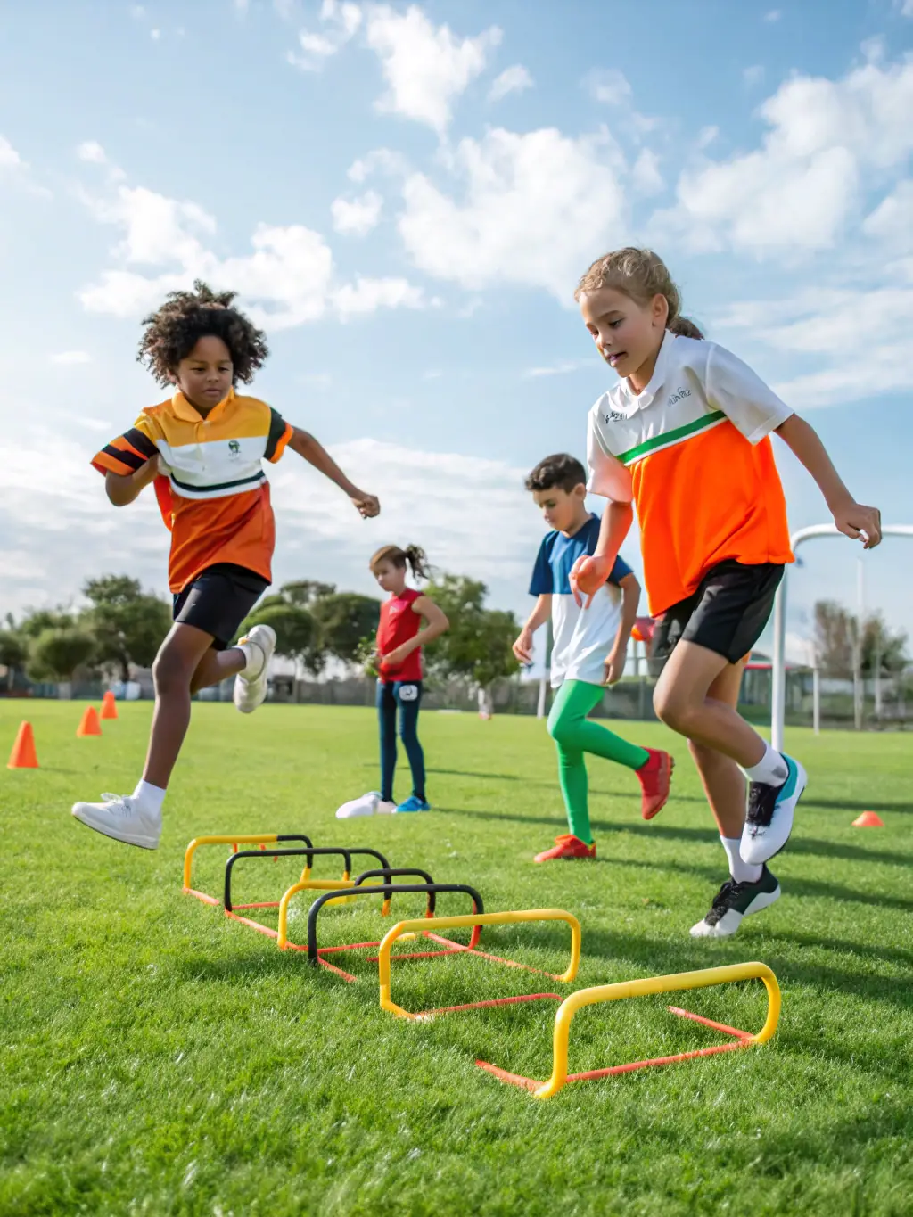 A group of children participating in a fun and engaging obstacle course, using various sports equipment and soft play elements, with instructors ensuring safety and proper technique.