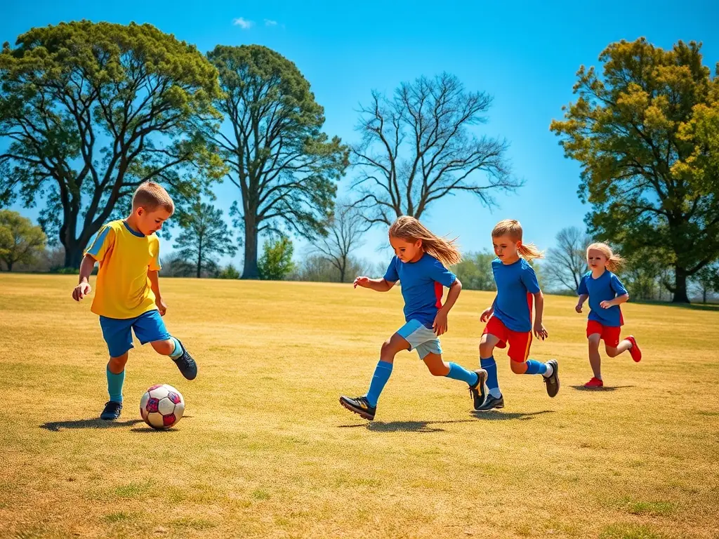 An image of children playing soccer on a well-maintained field, emphasizing the importance of physical activity and outdoor recreation, with a focus on safety and proper equipment.