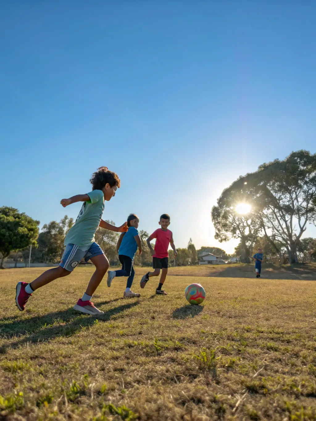 A picture of children playing soccer, showing the excitement and camaraderie of the sport.