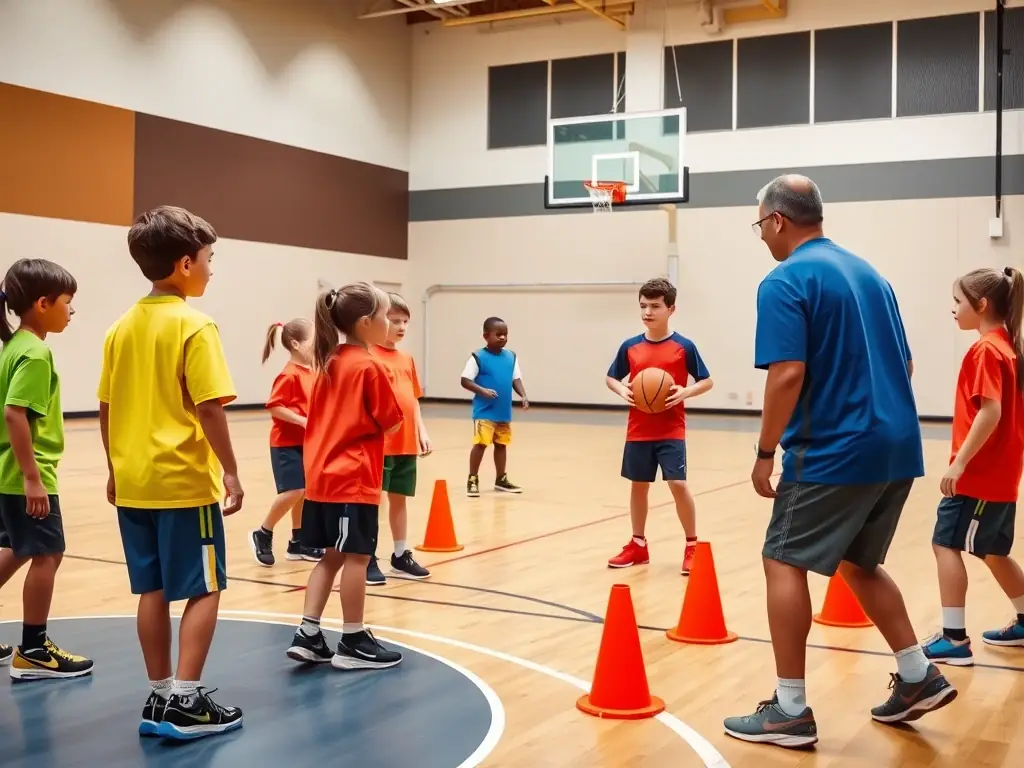 A vibrant image showing children participating in a basketball training session at a local school, focusing on teamwork and skill development.