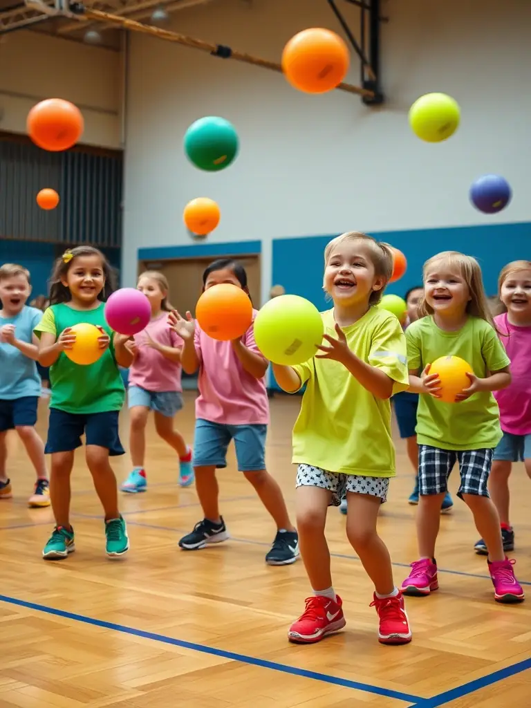 Children playing with sports equipment in a school gymnasium, focusing on safety and fun.