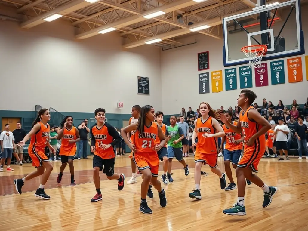 A photo of students playing basketball in a school gymnasium, highlighting teamwork and sportsmanship, with well-maintained basketball equipment in the background.