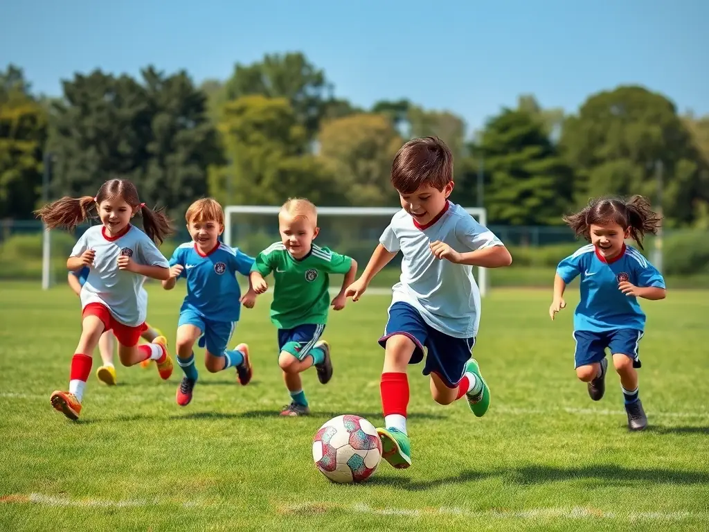 An image of children playing soccer during a school sports day, emphasizing the joy and excitement of the game.