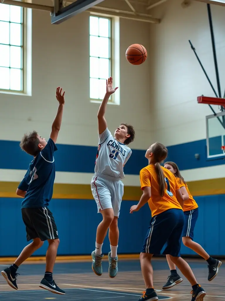A diverse group of teenagers playing basketball in a school gymnasium, with an emphasis on teamwork, sportsmanship, and proper use of basketball equipment.