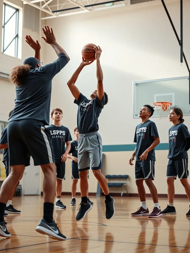 A photo of kids playing basketball, emphasizing teamwork and physical activity.