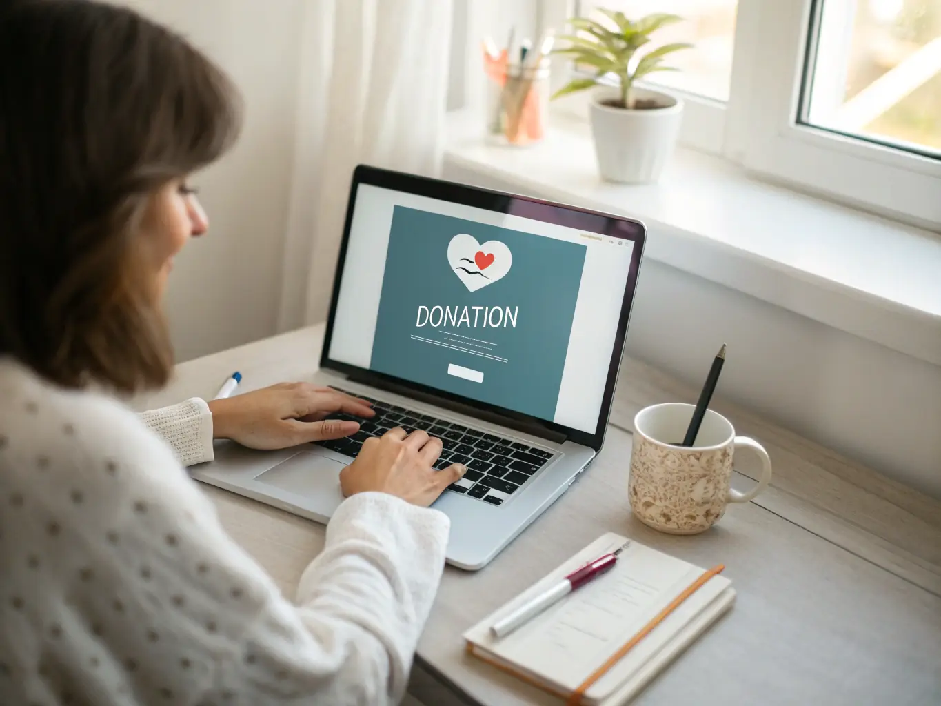 A person making an online donation on a laptop, with a background showing children participating in sports activities.
