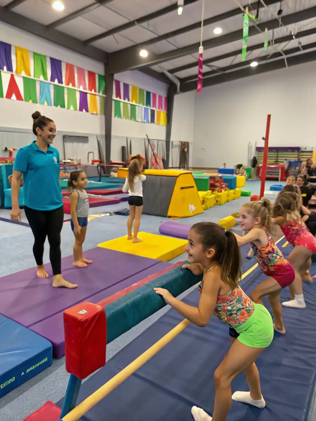 A group of elementary school children participating in a gymnastics class, using colorful mats and soft play equipment, with a focus on safe landing techniques and instructor supervision.