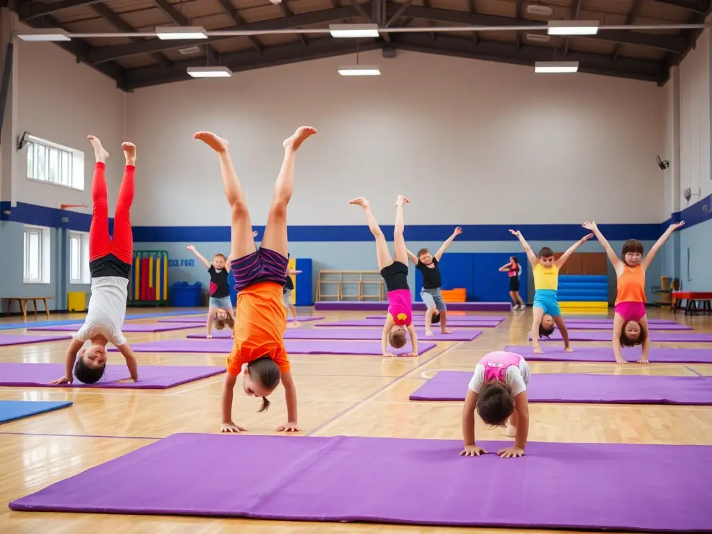 A vibrant image of children participating in a gymnastics class, showcasing the energy and fun of the program, with a focus on safe equipment and enthusiastic instructors.